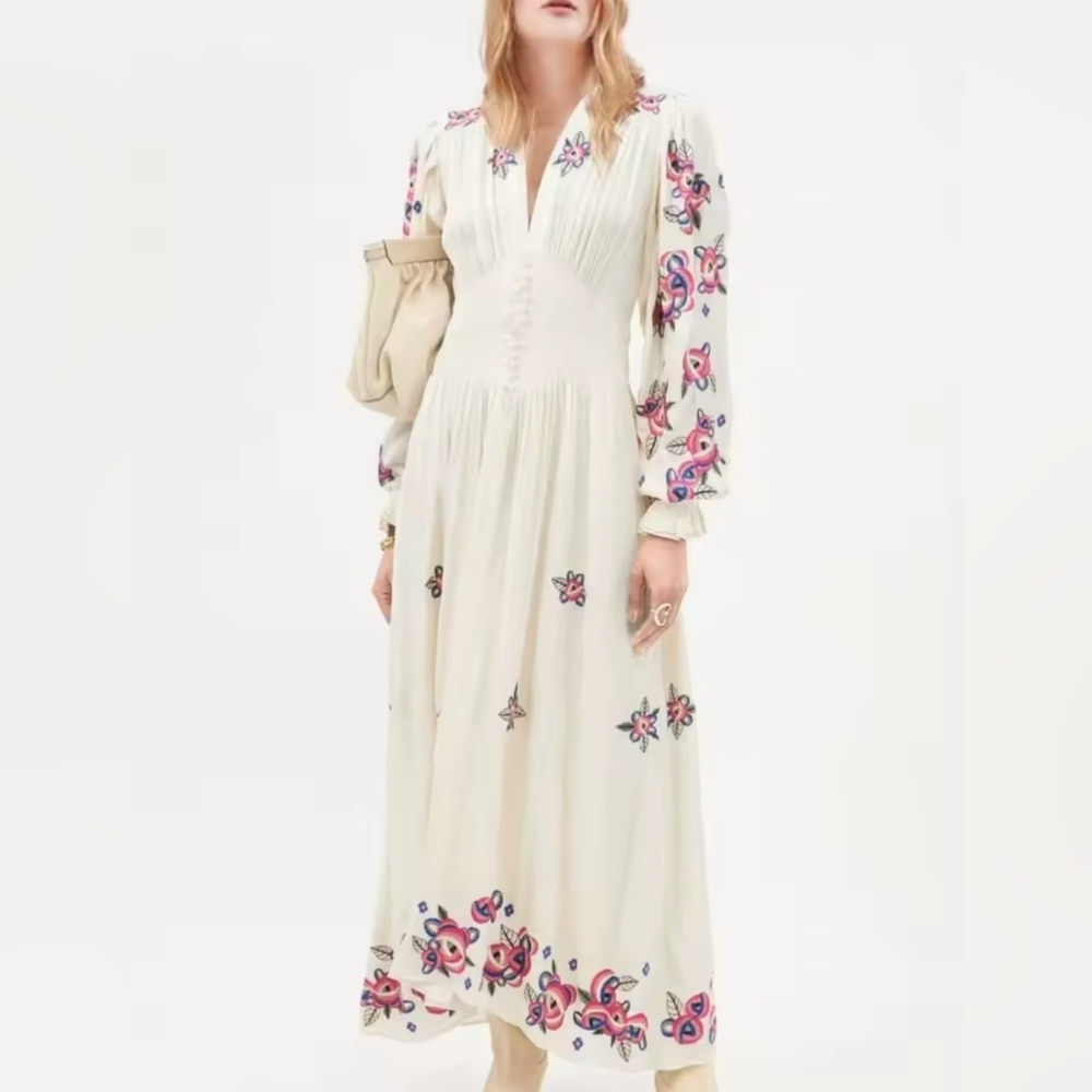 Floral Embroidered Cream Maxi Dress